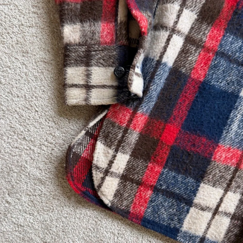 70's Mohawk CPO style Plaid‎ Shirt Jacket Red Blue Wool Blend Flannel Medium